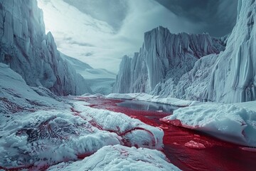 The tranquil beauty of the icy landscape is juxtaposed by the horrifying mystery of the crimson stains that mar the surface of Bloodfrost Glacier - obrazy, fototapety, plakaty