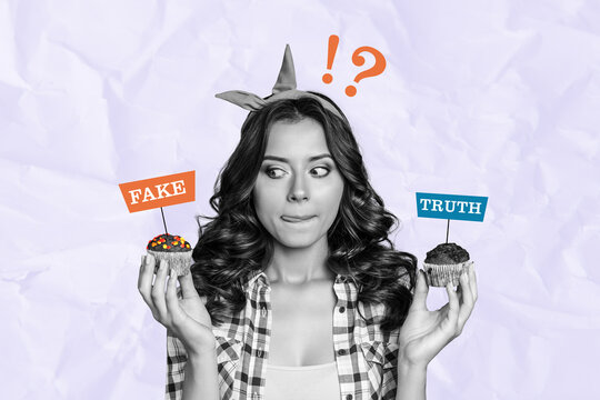 Composite trend artwork image collage of black white silhouette young pinup lady hold in hand two cakes with fake truth make decision