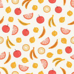 Summer seamless pattern with orange, lemon, banana on white background