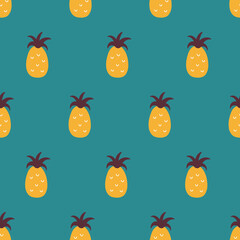 Summer seamless pattern with pineapples on turquoise background
