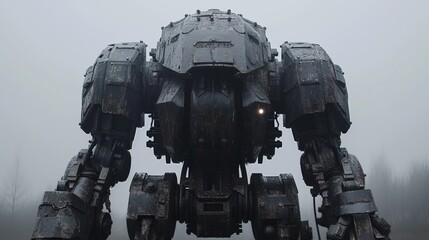 A large robot standing in the middle of a foggy field, AI
