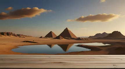 Foto op Canvas Empty wooden table with landscape of the pyramids of Cheops background.generative.ai © Neelam