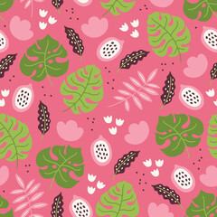 Summer seamless pattern with dragon fruit, monsera and palm leaves