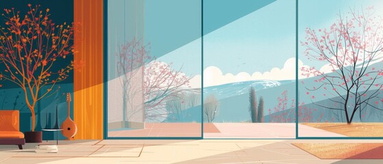 Open door into spring landscape with blooming trees. Flat cartoon modern illustration. Trees with round crowns under blue sky. Hallway interior with window overlooking suburban area with old house.