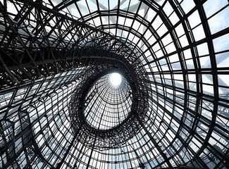 Inside a glass dome with architectural details, a wire mesh and steel frame structure support a glass dome roof