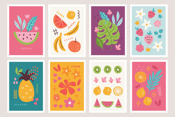 Summer cards with tropical leaves, watermelon, plumeria, strawberry, pineapple, kiwi