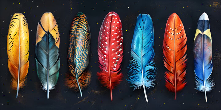 detailed majestic feather collection on black background. generative ai 