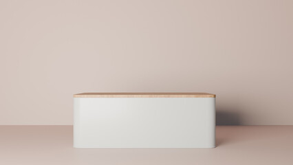 a white box with a wooden top on a pink surface