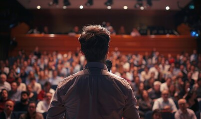Speaker facing audience in a conference hall