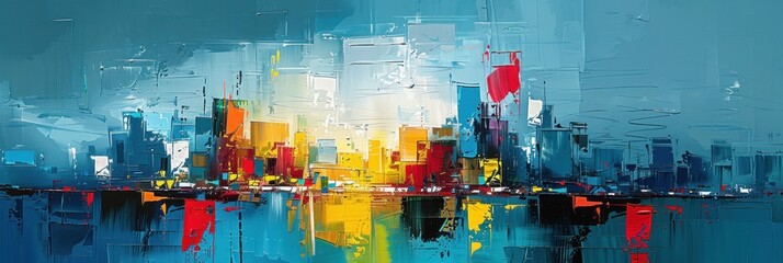 A vibrant cityscape painting featuring blue, yellow, and red colors