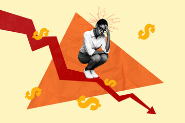 Composite image collage of upset african girl bankrupt arrow down loss dollar symbol problem failure graph isolated on colorful background - Powered by Adobe