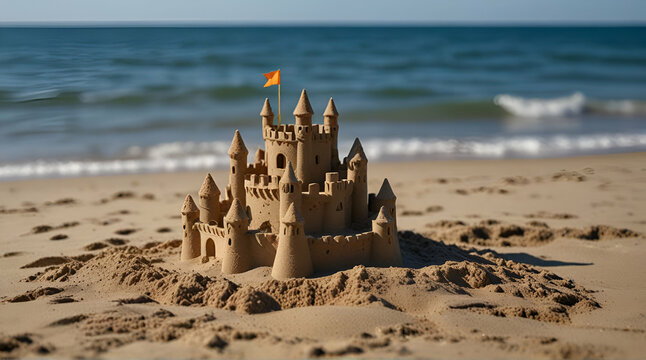 Close up photo of sand castle on the ocean beach on sunset. Summer kids holidays on the sea side, sea coast.generative.ai