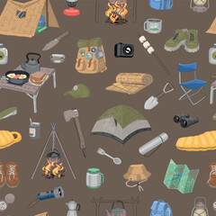 Camping seamless pattern. Ornament of outdoor adventure, hiking equipment, journey supply. Vector design in cartoon style.