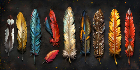 detailed majestic feather collection on black background. generative ai  - obrazy, fototapety, plakaty