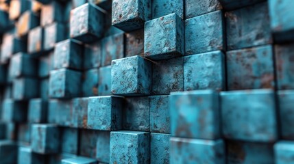 A wall constructed of metal cubes covered in rust - obrazy, fototapety, plakaty