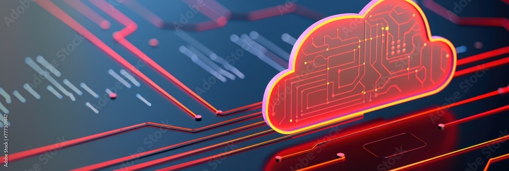 Poster red heart shaped cloud hovering over computer chip