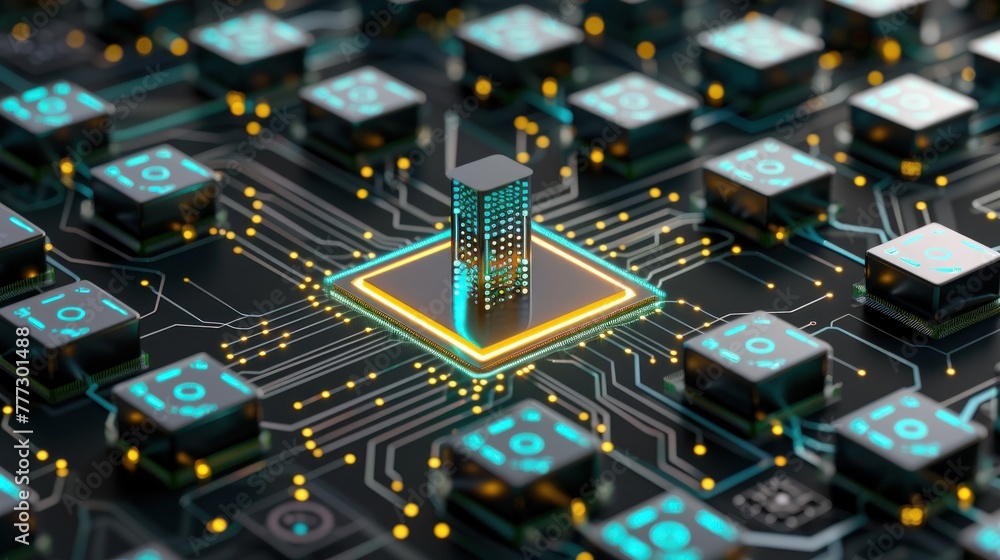 Poster detailed view of a computer circuit board showing various electronic components and intricate wiring