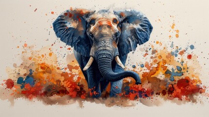 A painting featuring an elephant depicted in vibrant orange and blue colors - obrazy, fototapety, plakaty