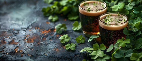 Irish stout beer, moss, and clover draw revelers to celebrate St Patrick's Day. Concept St Patrick's Day, Irish Stout Beer, Moss and Clover, Celebration, Revelers - obrazy, fototapety, plakaty