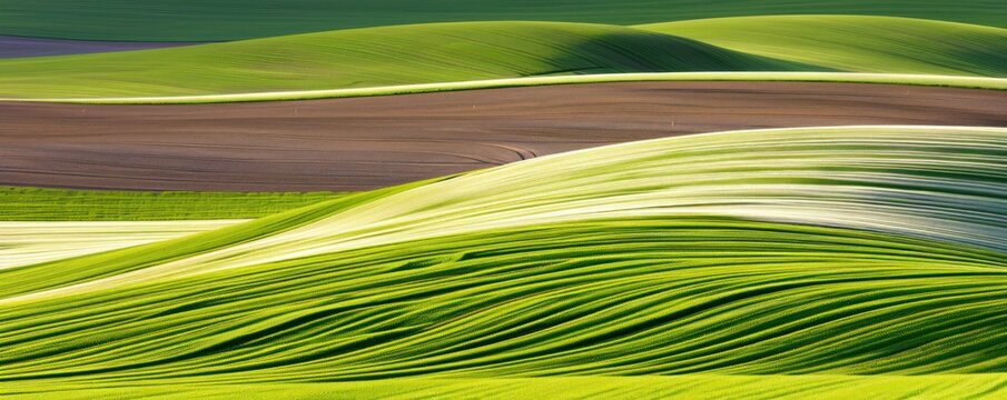 Lush green grass covers a vast field under a clear blue sky