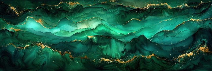 A painting featuring a green mountain with hints of gold accents
