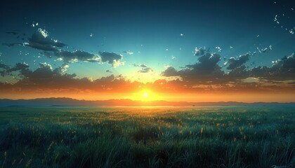 The sun is setting over a field filled with tall grass - Powered by Adobe