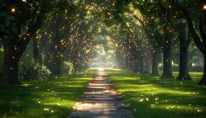 A pathway flanked by trees and illuminated with lights