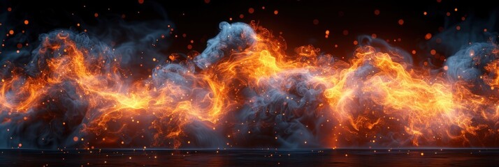 A large amount of fire and water interacting dramatically against a black backdrop