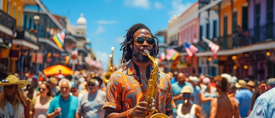 New Orleans Street Festival: A Vibrant Celebration with Jazz Bands, Colorful Floats, and Dancing Revelers. Concept Street Festival, New Orleans, Jazz Bands, Colorful Floats, Dancing Revelers - obrazy, fototapety, plakaty