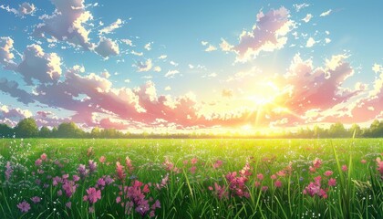 Obraz na płótnie Canvas Sunlight illuminates a vibrant field of blooming flowers