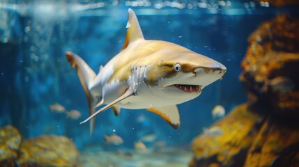 A detailed view of a shark swimming in an aquarium