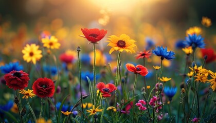 A field filled with colorful flowers basking in the warm glow of the setting sun