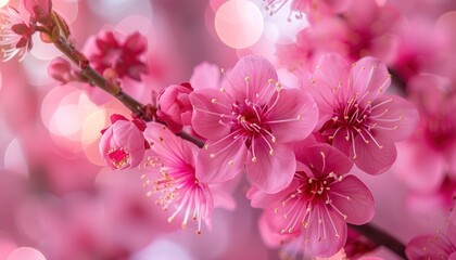 Detailed view of pink flowers blooming on a tree branch