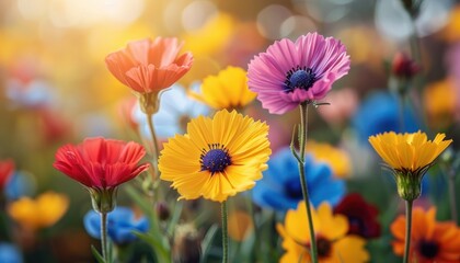 Colorful flowers scattered in vibrant hues across green grass - obrazy, fototapety, plakaty