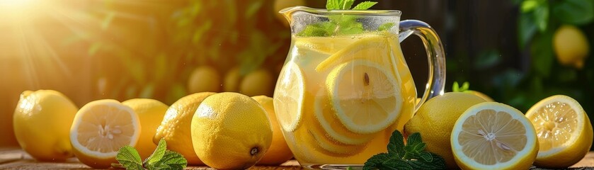 Lemonade Stand, A pitcher of lemonade with lemons and mint, summer background