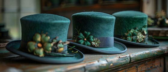 Obraz na płótnie Canvas Elegant Green Felt Top Hats and Shamrock Pins Available for Purchase. Concept St, Patrick's Day Accessories, Green Top Hats, Shamrock Pins, Elegant Fashion, Irish-inspired Style
