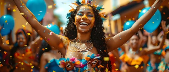 Vibrant Carnival Celebration with Energetic Revelers Dancing in the Streets. Concept Carnival...