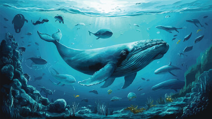 Submerged Capture: Whale and Marine Life Glide Through Ocean Depths