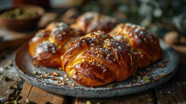 Cardamom buns, golden swirls infused with aromatic spice. Soft and pillowy, each bite reveals a fragrant blend of sweet dough and warming cardamom, a Scandinavian treat to savor.