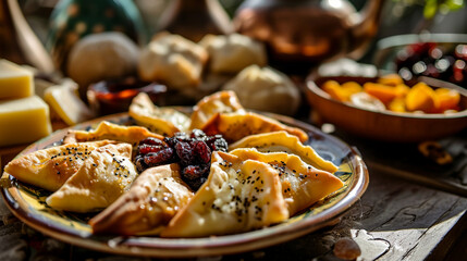 Qatayef, Middle Eastern pancakes. Soft, folded delights, brimming with sweet cheese or nuts. Perfumed with orange blossom water, a delectable treat for celebrations. - obrazy, fototapety, plakaty