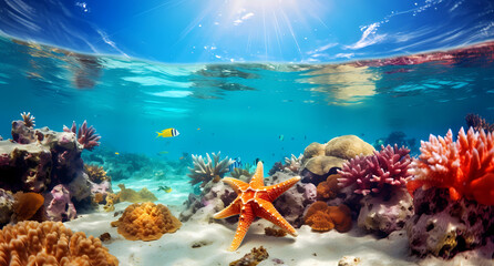 Fototapeta na wymiar Sunny underwater scene with coral reefs and starfish