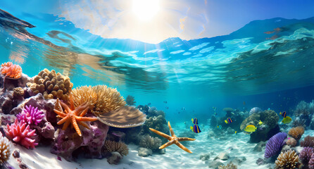 Sunny underwater scene with coral reefs and starfish