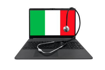 Laptop with Italy flag on screen and medical stethoscope on transparent background. Italian healthcare system concept