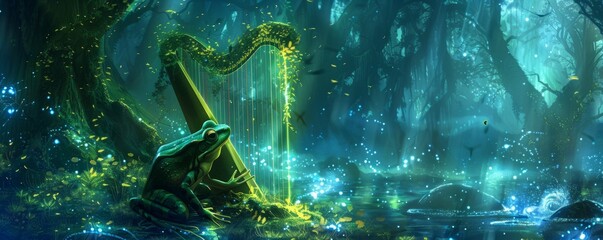 A frog musician playing a laser harp in a bioluminescent forest, magical 2D effects