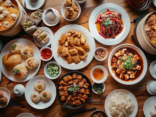 Top view a lifelike photo of a table of Chinese cuisine