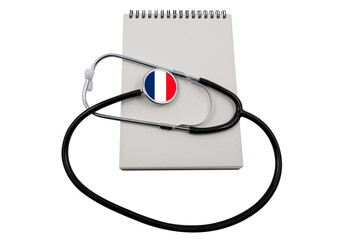 Stethoscope with a head in the form of the flag of France and a blank notepad, on a transparent...