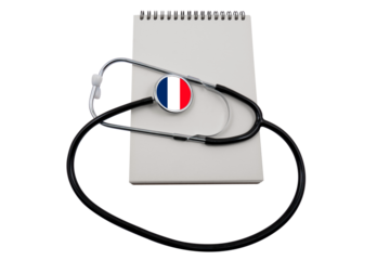 Stethoscope with a head in the form of the flag of France and a blank notepad, on a transparent background. French healthcare system concept