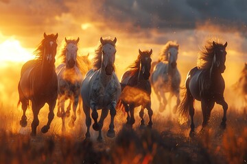 Wild horses running, photorealistic motion, vibrant dust trail, dawn light ,3DCG,clean sharp focus - obrazy, fototapety, plakaty