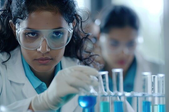 Female scientist working in a laboratory holding test tube, taking a mixed liquid from a flask. Woman wearing a white lab coat and safety glasses making medical experiment. Science technology project