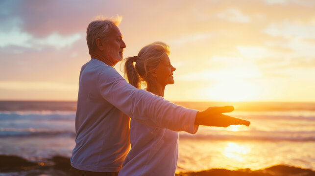 Senior couple doing gentle stretching exercises together on a beach at sunrise promoting active aging.